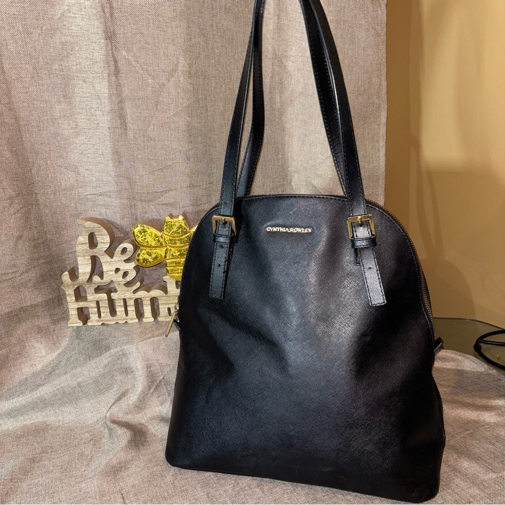 Cynthia Rowley Saffiano Leather Dome Shoulder Tote Satchel Bag Black
